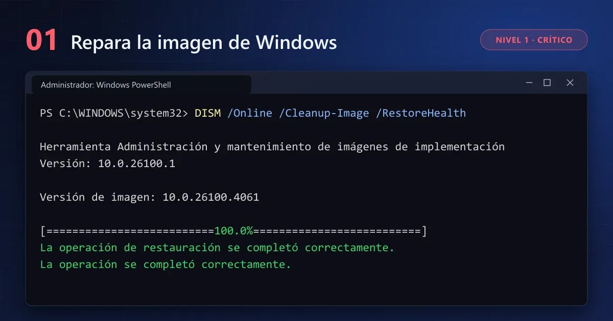 Terminal de PowerShell como administrador ejecutando DISM RestoreHealth con la operación de restauración completada al 100 %