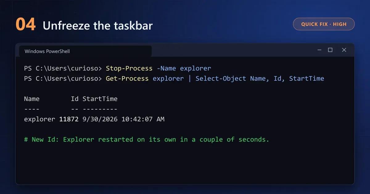 PowerShell restarting Windows Explorer with Stop-Process and showing the new explorer process running