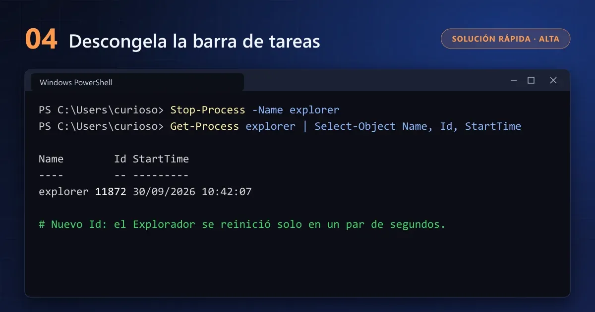 PowerShell reiniciando el Explorador de Windows con Stop-Process y mostrando el nuevo proceso explorer en ejecución