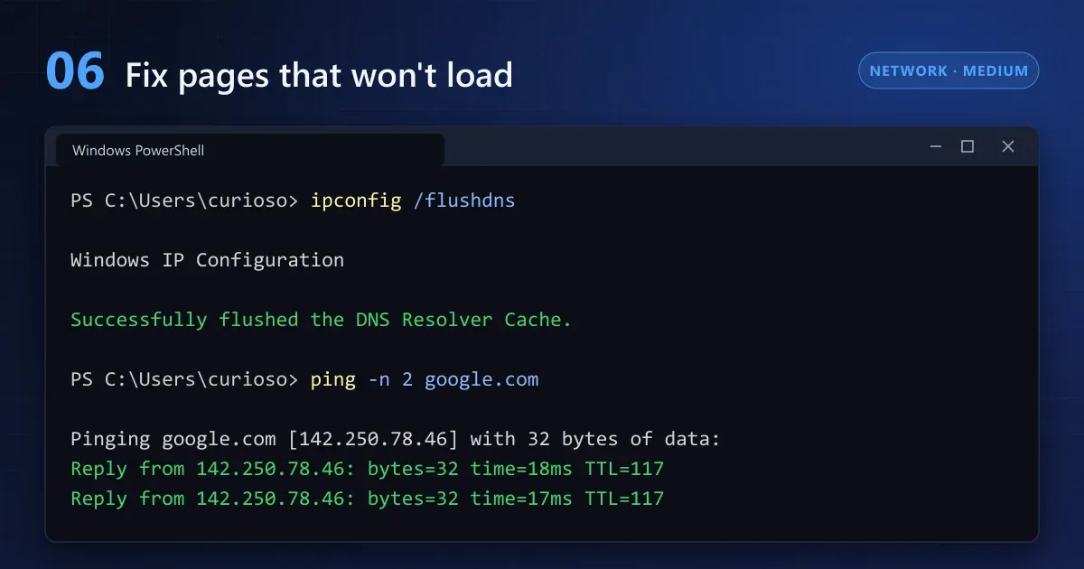 DNS resolver cache flushed with ipconfig /flushdns followed by a successful ping to google.com