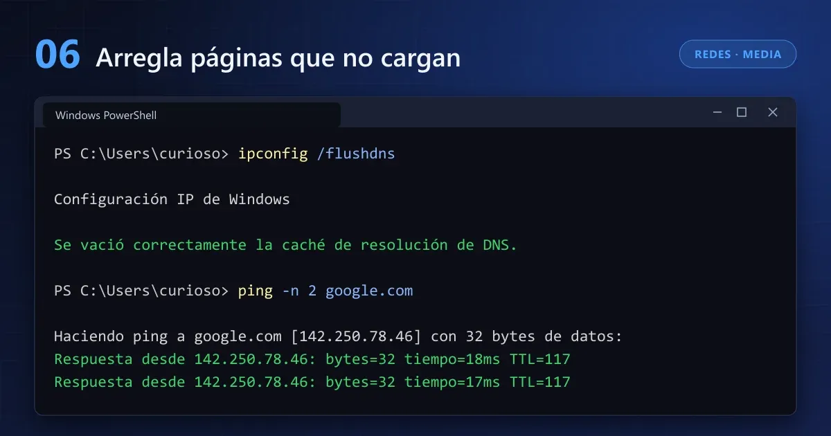 Caché de resolución DNS vaciada con ipconfig /flushdns y ping exitoso a google.com