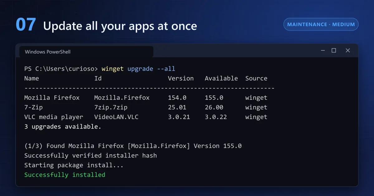 winget updating Firefox, 7-Zip and VLC from PowerShell with a single command