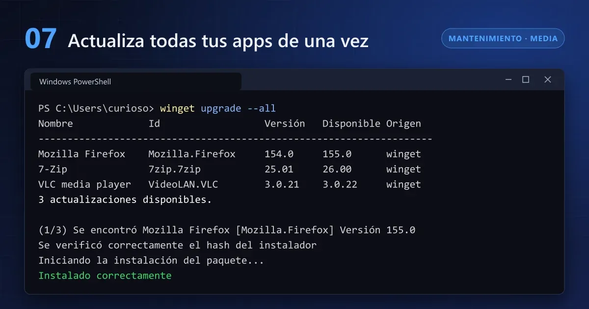 winget actualizando Firefox, 7-Zip y VLC desde PowerShell con un solo comando