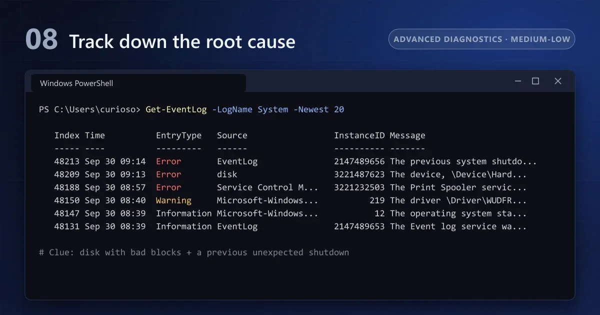 Latest system events in PowerShell with disk errors and an unexpected shutdown highlighted