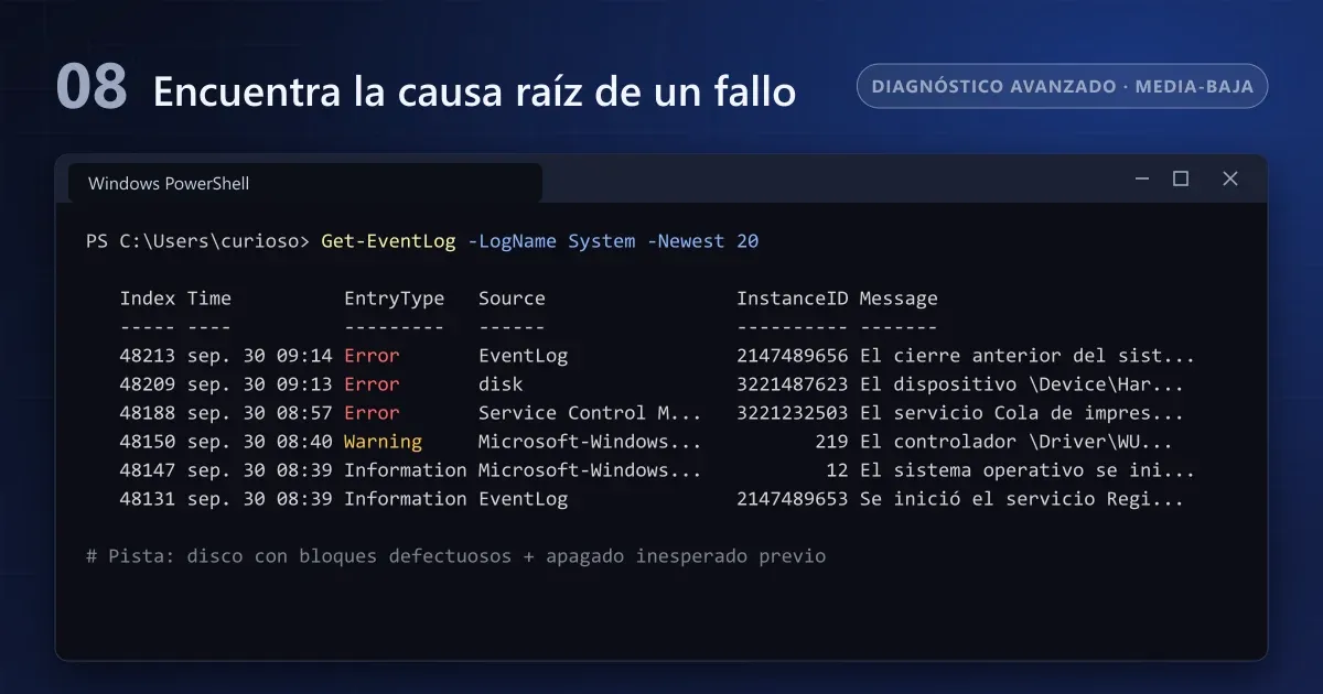 Últimos eventos del sistema en PowerShell con errores de disco y un apagado inesperado resaltados