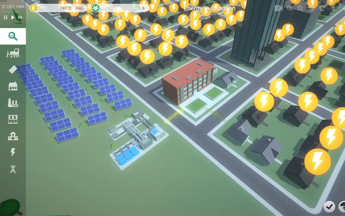 Escenario Energy Distribution de eCity con paneles solares, una central y viviendas que reciben electricidad, señaladas con iconos de rayos