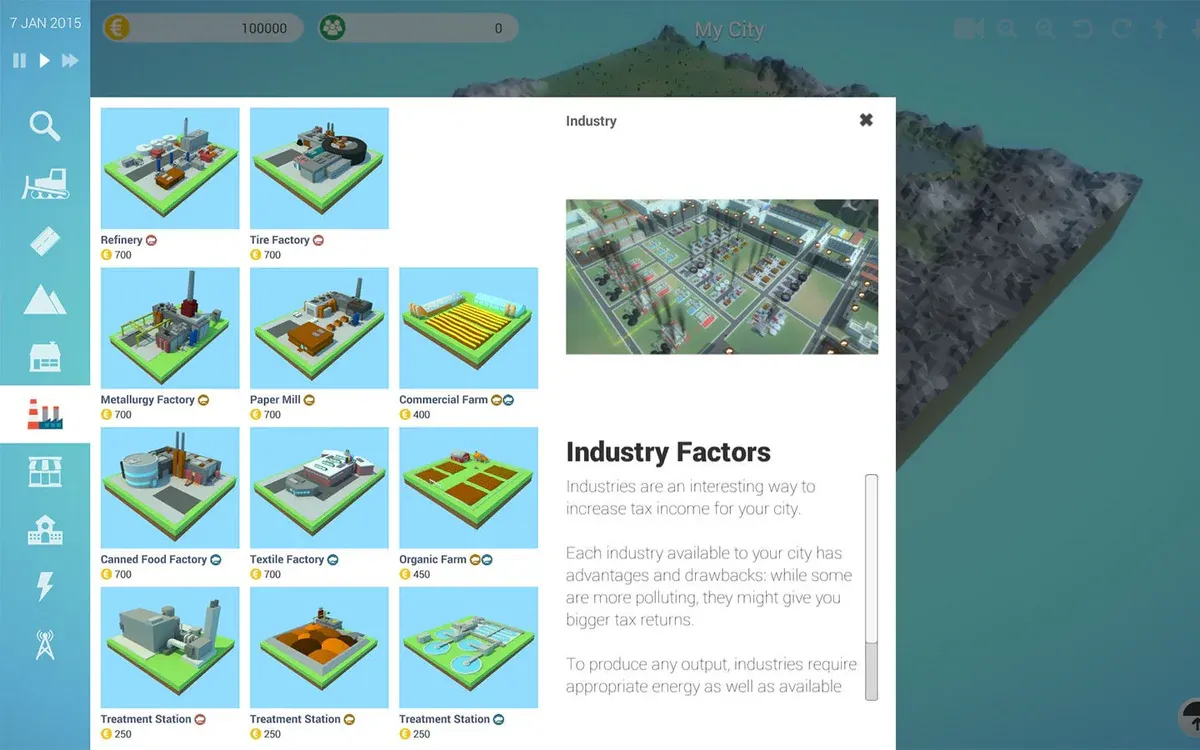 Menú de industrias de eCity con refinería, fábricas y granjas, y el panel Industry Factors que explica sus ventajas e inconvenientes