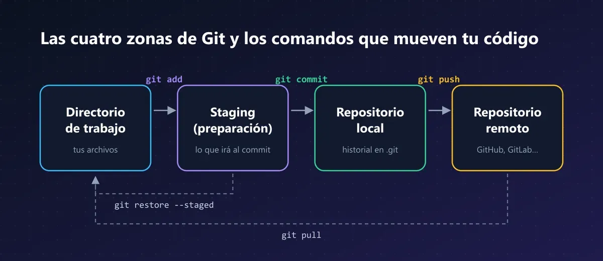 Diagrama de las cuatro zonas de Git: directorio de trabajo, staging, repositorio local y remoto, unidas por git add, git commit y git push