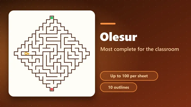 Diamond-shaped maze made with Olesur, with a green entrance, a red exit, and a golden key to collect