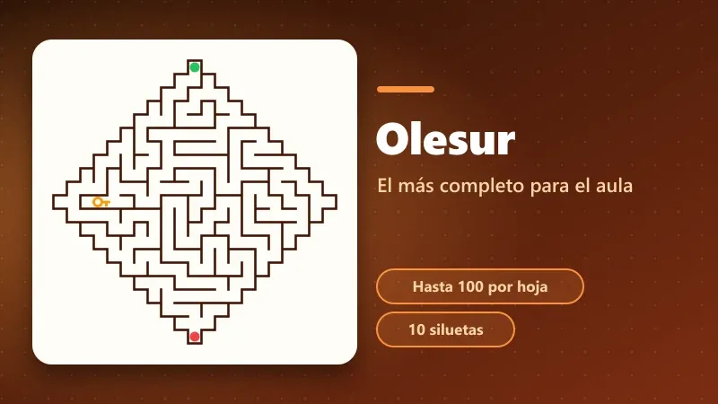 Laberinto con forma de rombo generado con Olesur, con la entrada en verde, la salida en rojo y una llave dorada que recoger