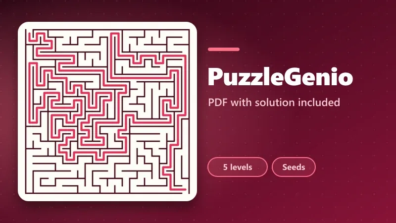 Rectangular maze with the solution traced in red, as shown on page two of a PuzzleGenio PDF