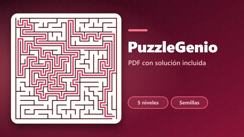 Laberinto rectangular con la solución trazada en rojo, como aparece en la segunda página del PDF de PuzzleGenio