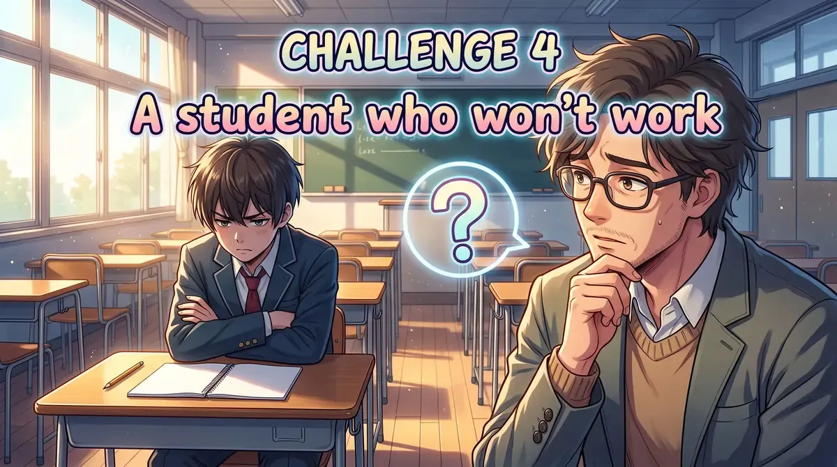 Anime-style illustration of a thoughtful teacher with glasses resting his chin on his hand, next to a student sitting with his arms crossed and a question mark between them