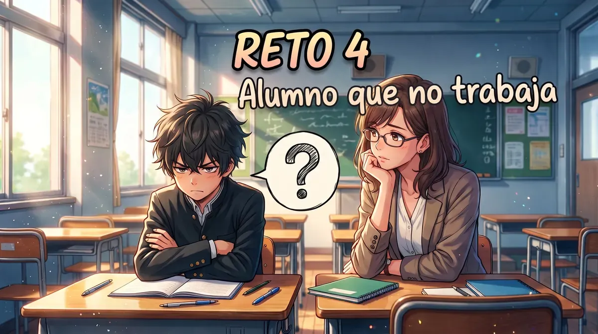 Ilustración estilo anime de una tutora con gafas y gesto reflexivo junto a un alumno de brazos cruzados, con un bocadillo con un signo de interrogación entre ambos