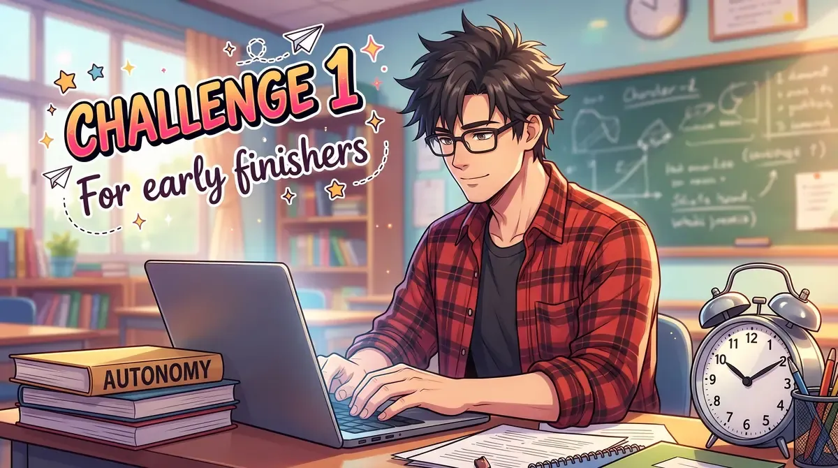 Anime-style illustration of a teacher with glasses and a plaid shirt working contentedly on his laptop, next to a stack of books labeled Autonomy and an alarm clock