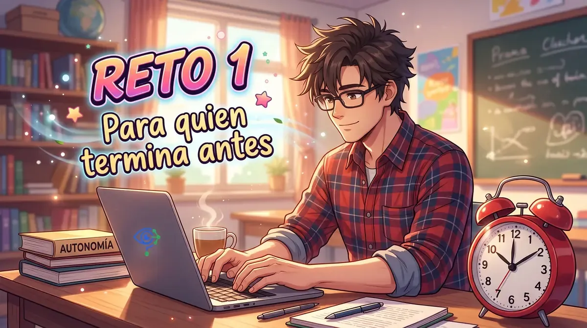 Ilustración estilo anime de un profesor con gafas y camisa de cuadros que trabaja satisfecho en su portátil, junto a una pila de libros con la palabra Autonomía y un reloj despertador rojo