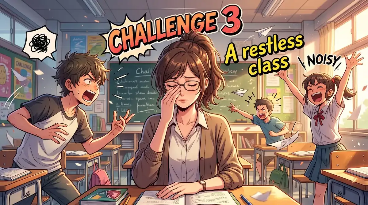 Anime-style illustration of an overwhelmed teacher with glasses rubbing her eyes at her desk while students shout and throw paper planes around the classroom