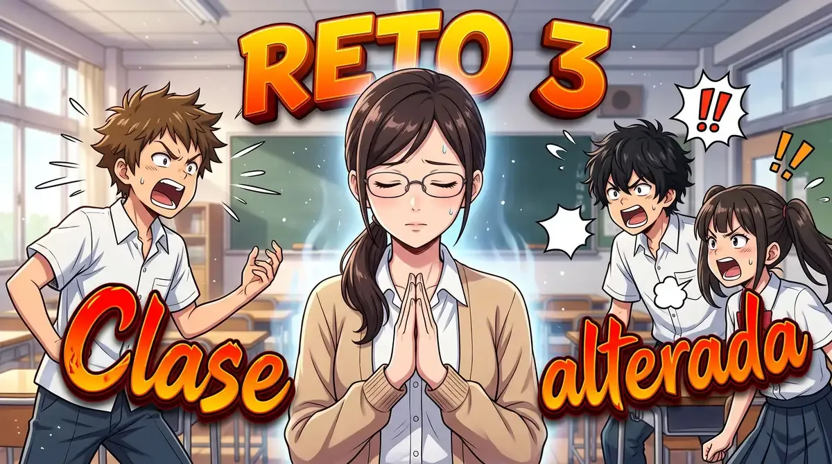 Ilustración estilo anime de una profesora con gafas que cierra los ojos y junta las manos para mantener la calma mientras varios alumnos gritan a su alrededor