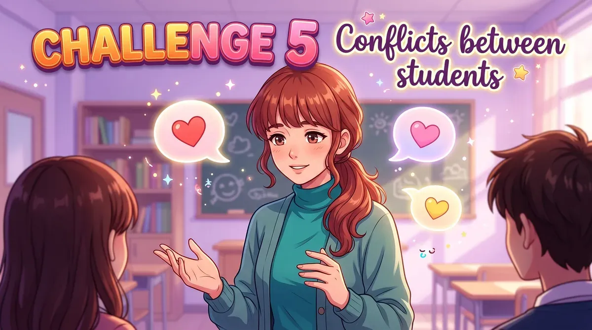 Anime-style illustration of a teacher with bangs and a teal top calmly mediating between two students, surrounded by speech bubbles with hearts