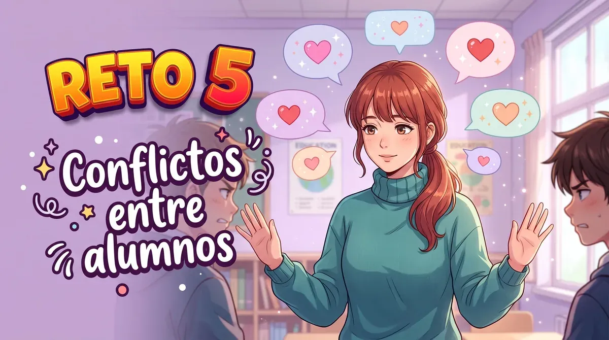 Ilustración estilo anime de una profesora con flequillo y jersey de cuello alto que media con calma entre dos alumnos, rodeada de bocadillos de diálogo con corazones