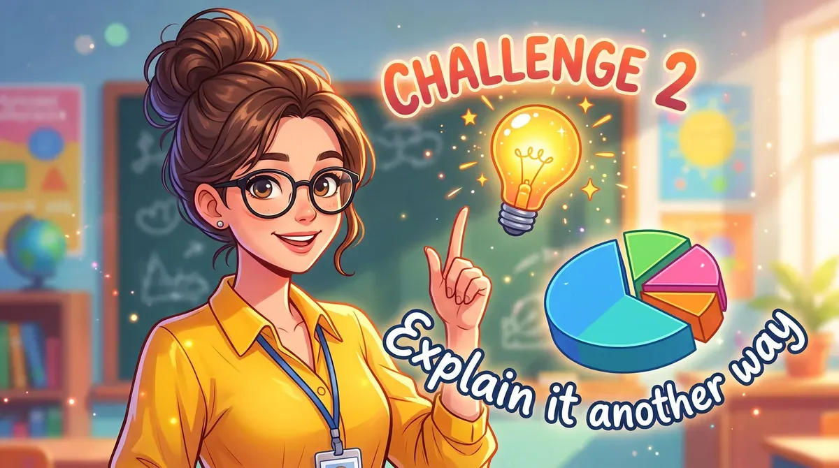Anime-style illustration of a teacher with her hair in a bun, glasses, and a yellow shirt pointing at a glowing light bulb next to a colorful pie chart