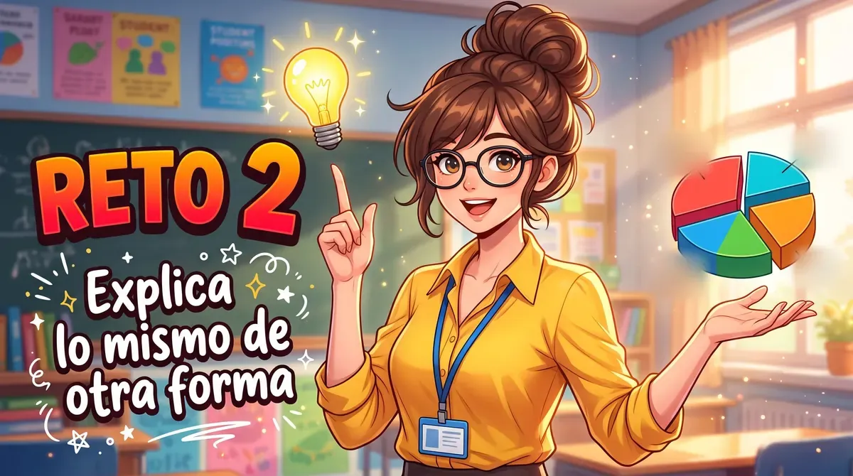 Ilustración estilo anime de una profesora con moño, gafas y blusa amarilla que señala una bombilla encendida mientras muestra un gráfico circular de colores