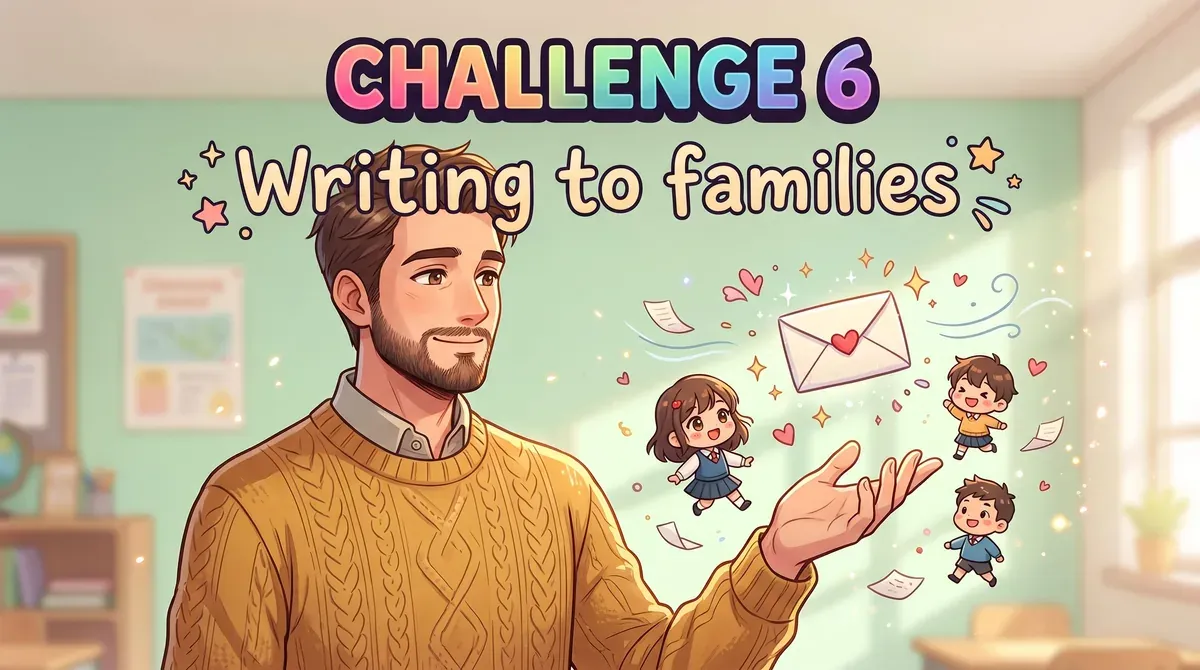 Anime-style illustration of a bearded teacher in a knit sweater holding out an envelope with a heart, surrounded by tiny smiling students