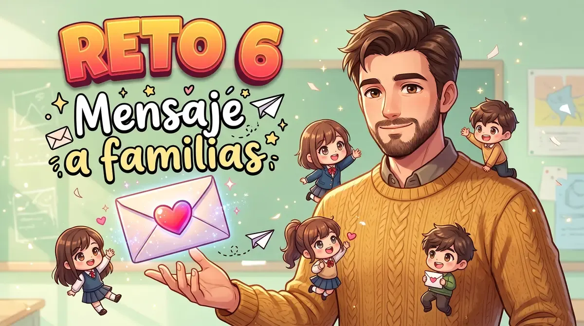 Ilustración estilo anime de un profesor con barba y jersey de punto que sostiene un sobre con un corazón, rodeado de pequeños alumnos sonrientes