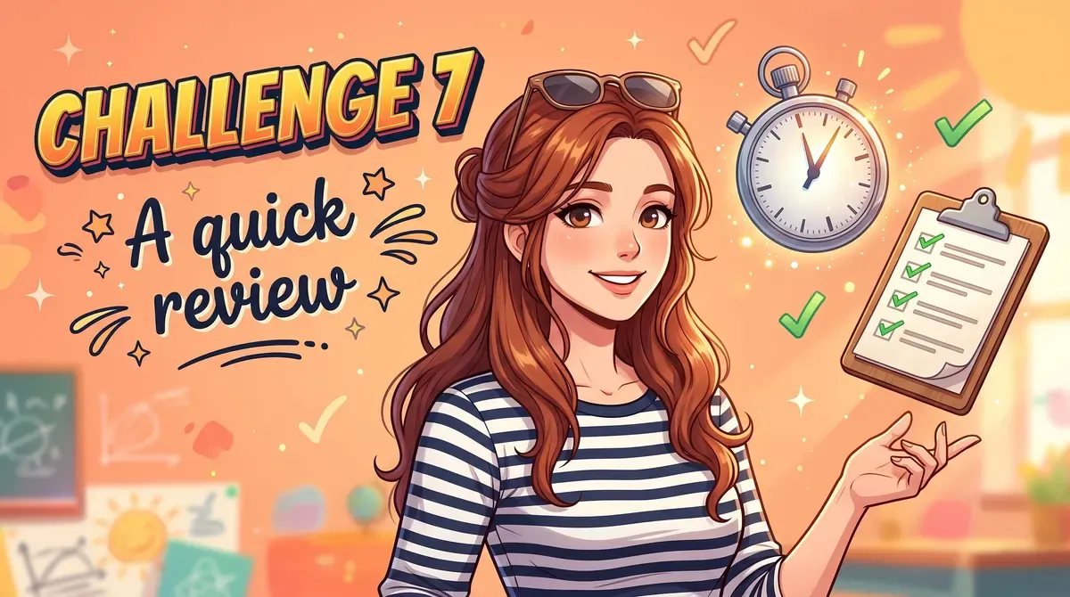 Anime-style illustration of a teacher with sunglasses on her head and a striped top, next to a stopwatch and a checklist with ticked boxes