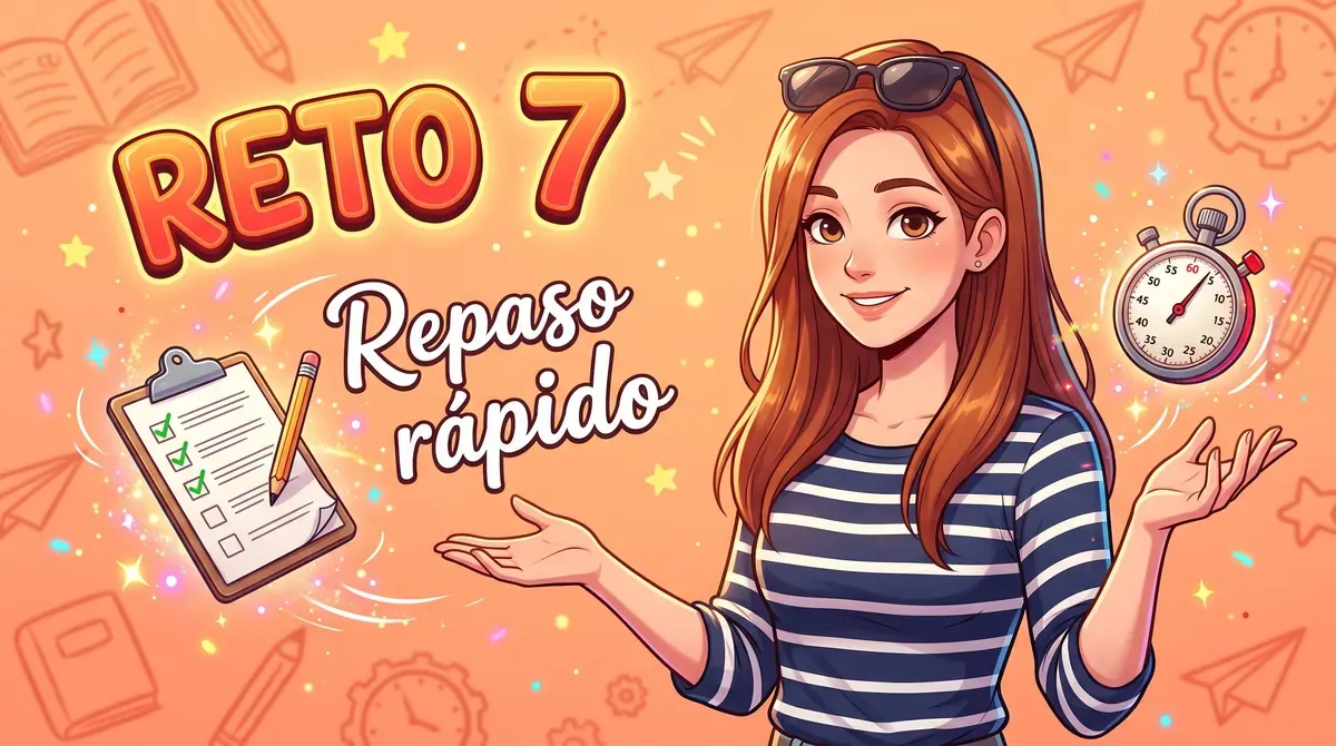 Ilustración estilo anime de una profesora con gafas de sol sobre el pelo y camiseta de rayas, junto a un cronómetro y una lista de tareas con casillas marcadas