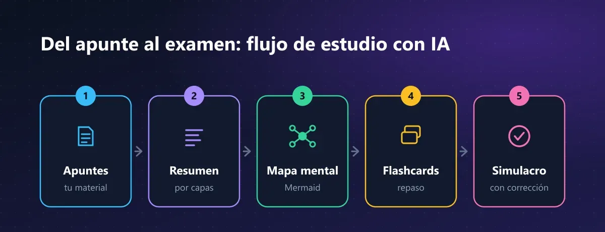 Flujo de estudio con IA en cinco pasos: apuntes, resumen por capas, mapa mental con Mermaid, flashcards de repaso y simulacro con corrección